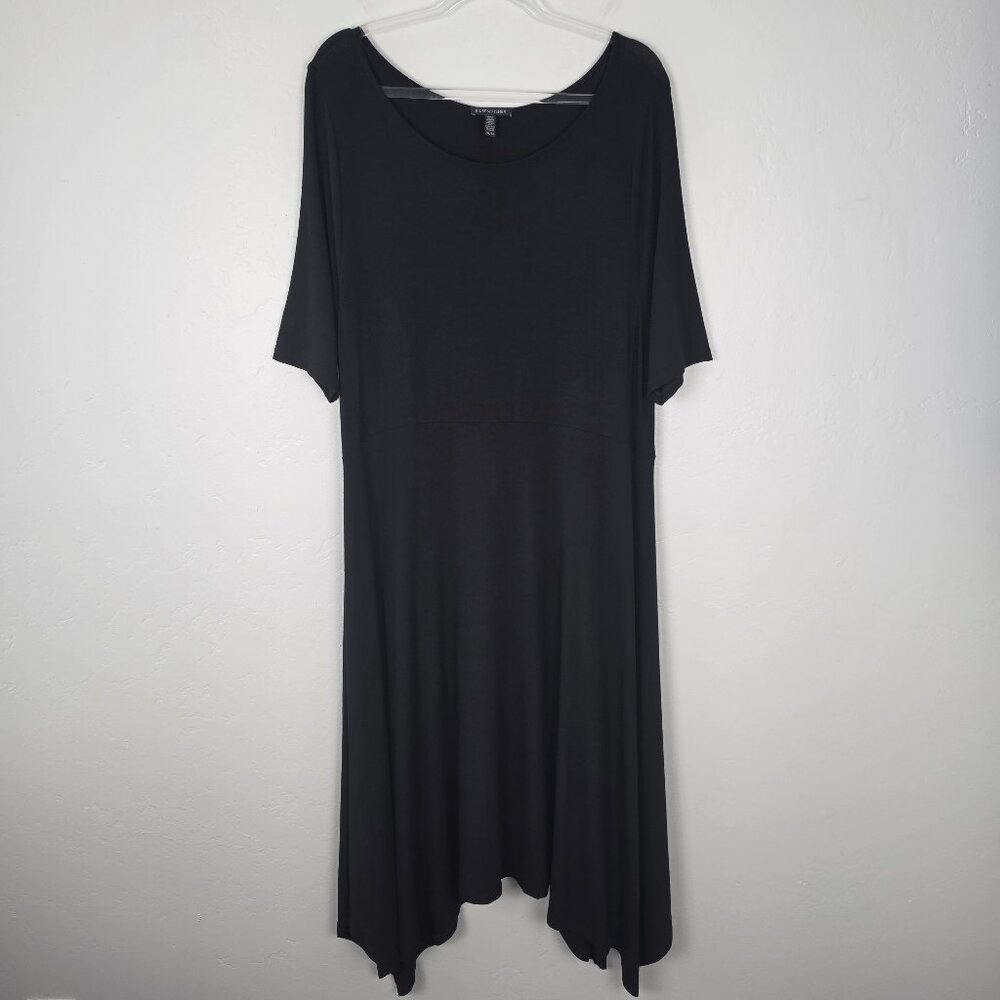 Eileen Fisher Viscose Jersey Midi Dress Stretch Asymmetrical Hem Black Size XL